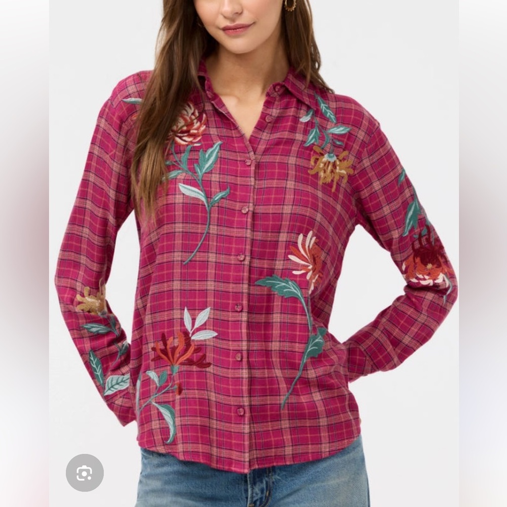 Johnny Was Pink Plaid Floral Embroidered Button Down Boho Blouse Top